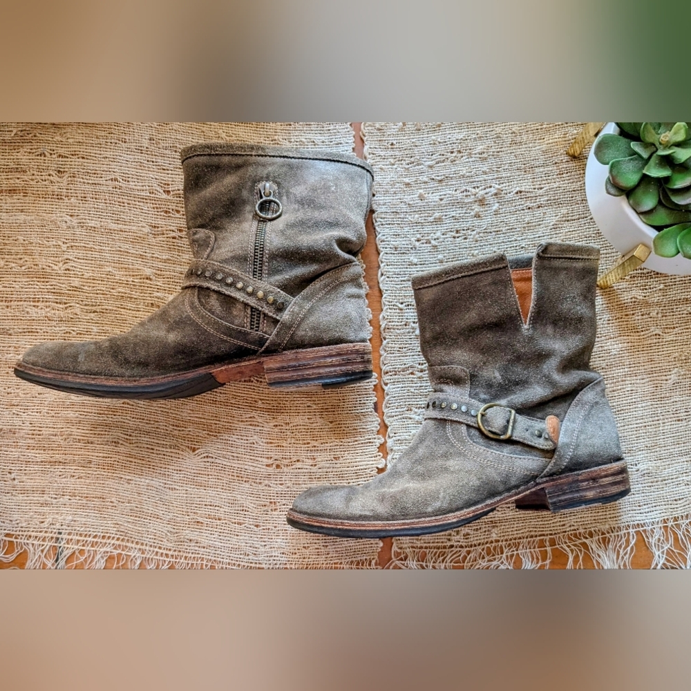 FIORENTINI + BAKER Green Suede Leather Studded Boots Strap Moto Size 38